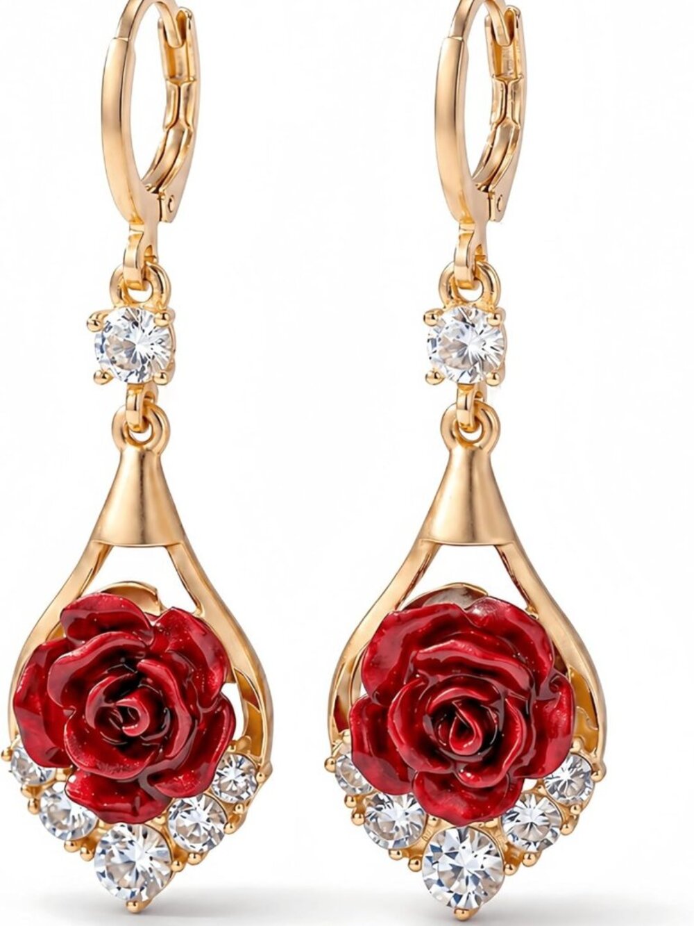 Floral Red Rose Leverback Earrings, Gold Tone Crystal Dangle Jewelry for Women
